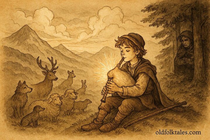 An artwork of a young Bulgarian shepherd playing a magical bagpipe, calming animals in the Rhodope Mountains.