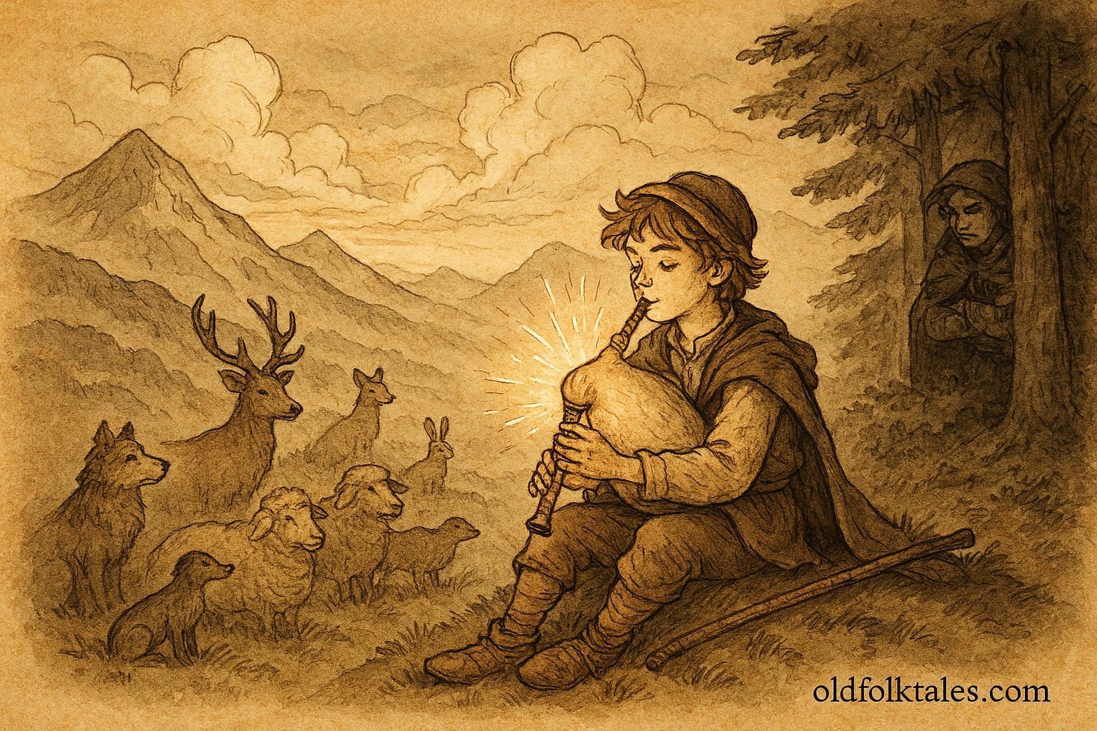 An artwork of a young Bulgarian shepherd playing a magical bagpipe, calming animals in the Rhodope Mountains.