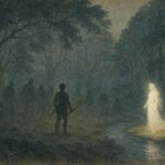 An artwork of hunter resisting shadows in enchanted forest, Serbian folktale scene.