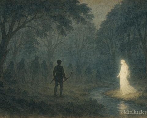 An artwork of hunter resisting shadows in enchanted forest, Serbian folktale scene.