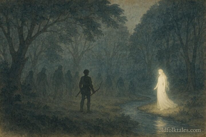 An artwork of hunter resisting shadows in enchanted forest, Serbian folktale scene.