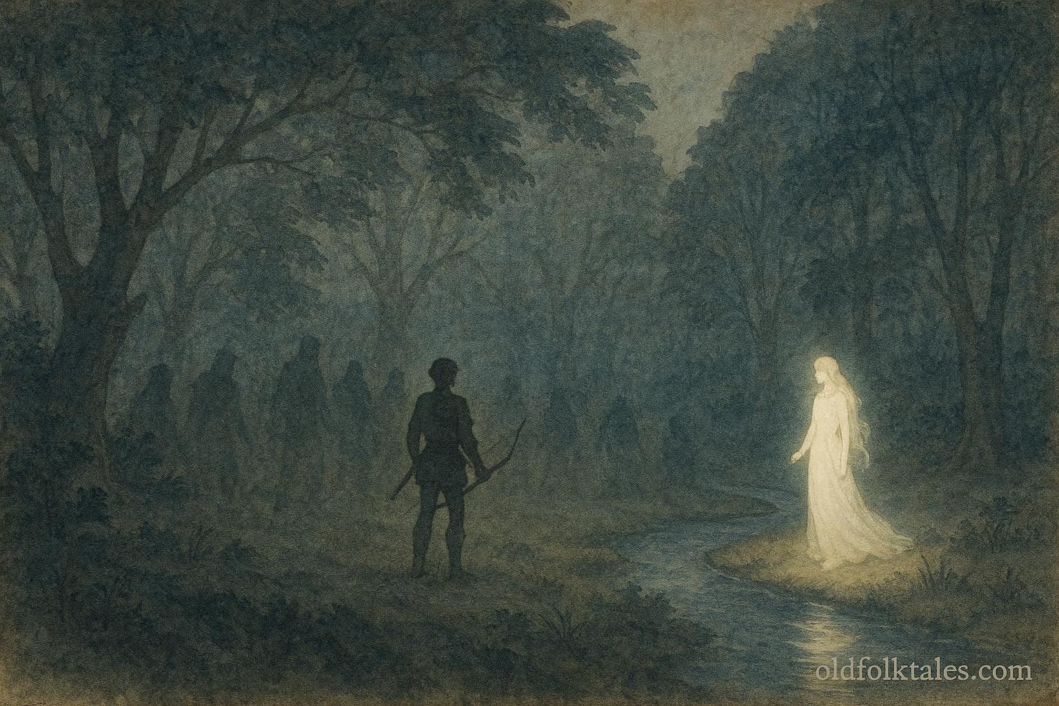 An artwork of hunter resisting shadows in enchanted forest, Serbian folktale scene.