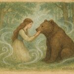 An illustration of maiden and bear prince in enchanted forest, Romanian folktale scene.