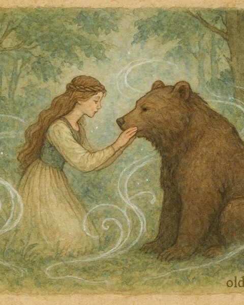 An illustration of maiden and bear prince in enchanted forest, Romanian folktale scene.
