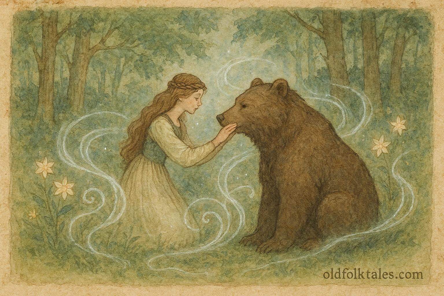 An illustration of maiden and bear prince in enchanted forest, Romanian folktale scene.