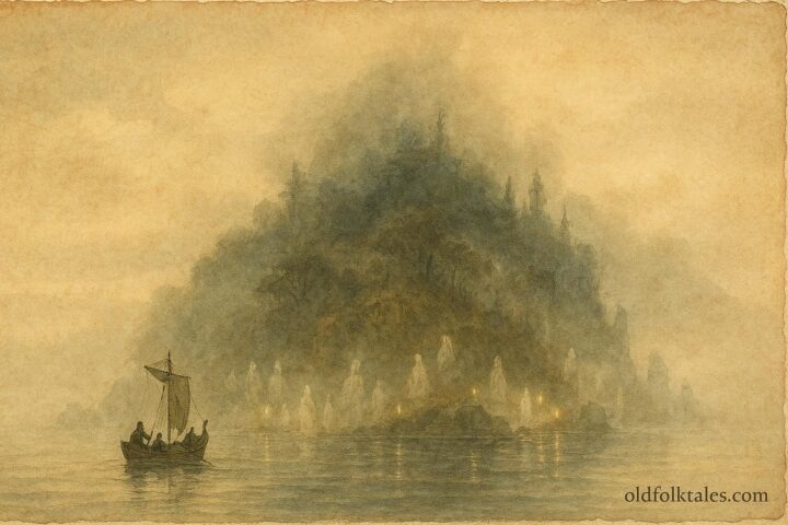 A n illustration of phantom island and sailors in Azorean folklore.