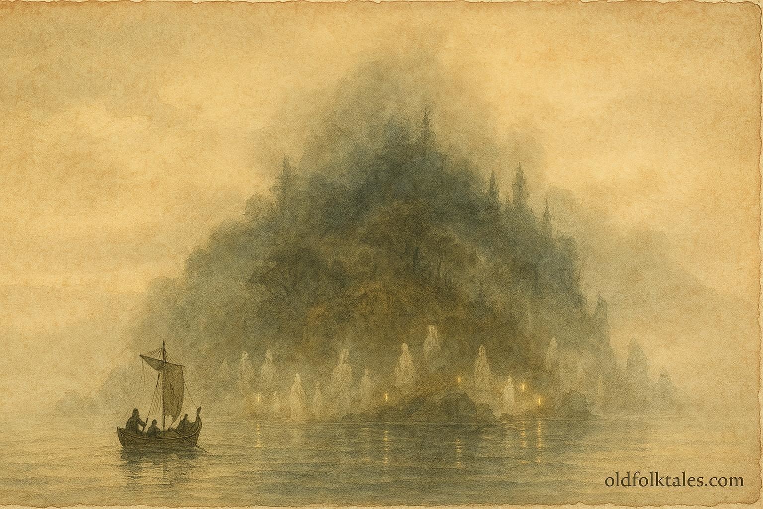 A n illustration of phantom island and sailors in Azorean folklore.