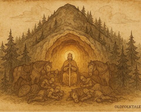 An illustration of sleeping knights and Saint Wenceslas inside Mount Blaník, Czech legend.