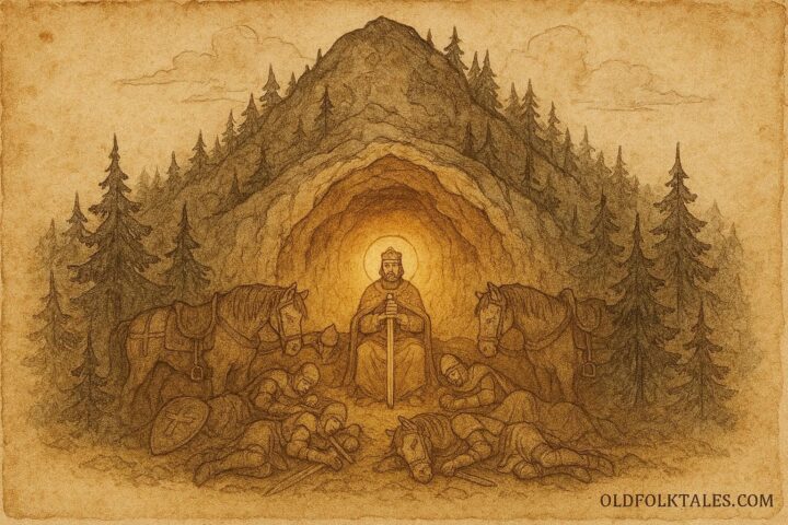 An illustration of sleeping knights and Saint Wenceslas inside Mount Blaník, Czech legend.