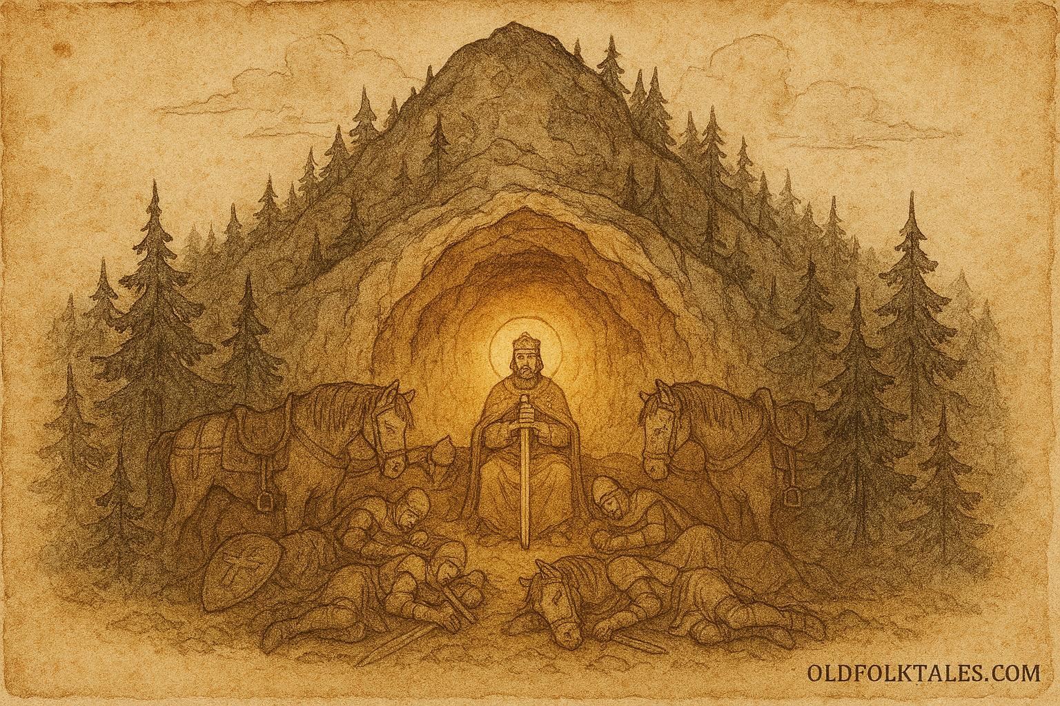 An illustration of sleeping knights and Saint Wenceslas inside Mount Blaník, Czech legend.