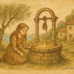 An illustration of a girl at a magical well in Istria, Croatia, coastal folklore scene.