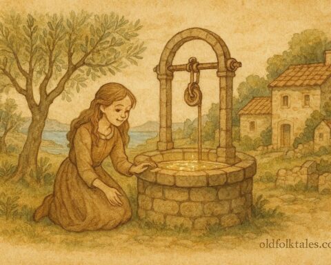 An illustration of a girl at a magical well in Istria, Croatia, coastal folklore scene.