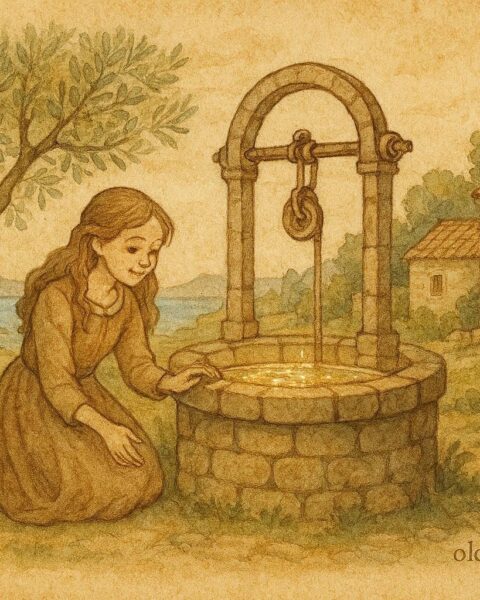 An illustration of a girl at a magical well in Istria, Croatia, coastal folklore scene.