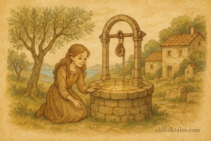 An illustration of a girl at a magical well in Istria, Croatia, coastal folklore scene.