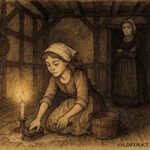 An illustration of a French heroine enduring chores under her stepmother’s gaze in classic folktale setting.