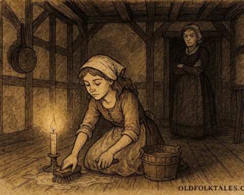 An illustration of a French heroine enduring chores under her stepmother’s gaze in classic folktale setting.
