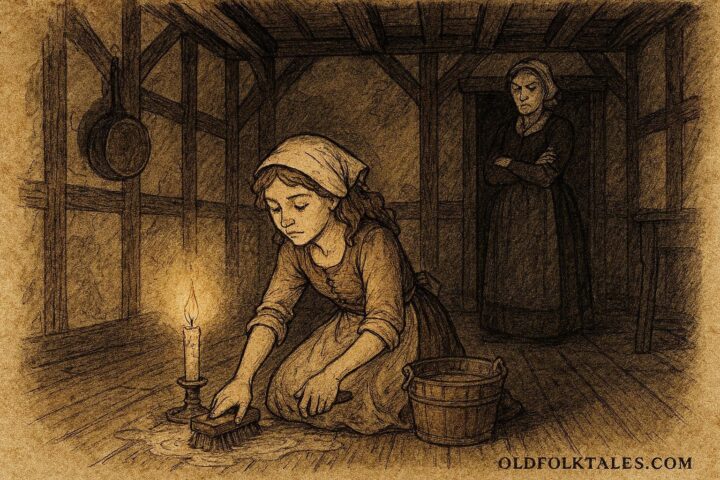 An illustration of a French heroine enduring chores under her stepmother’s gaze in classic folktale setting.