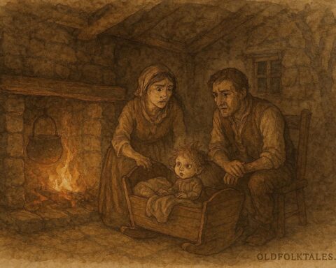 An illustration of fairy changeling in cradle inside Irish cottage folklore scene.