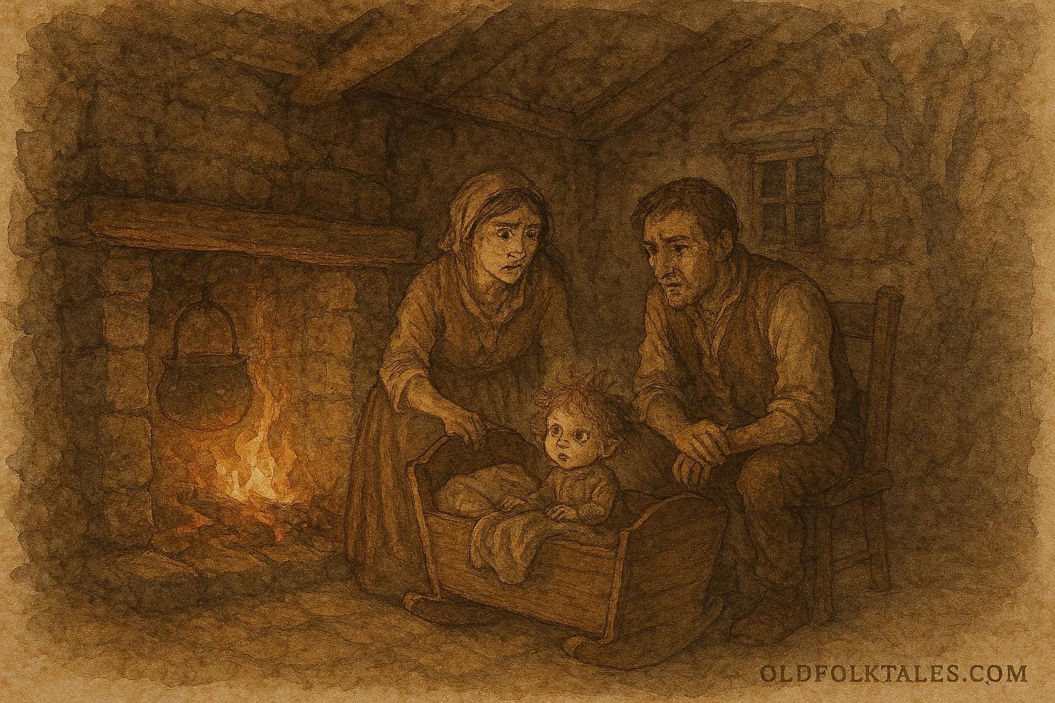 An illustration of fairy changeling in cradle inside Irish cottage folklore scene.