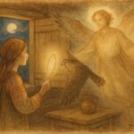 An artwork of girl and falcon transforming into man, Russian folktale scene.