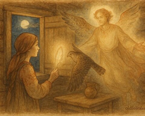 An artwork of girl and falcon transforming into man, Russian folktale scene.