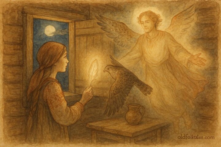 An artwork of girl and falcon transforming into man, Russian folktale scene.