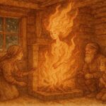An illustration of Eldfru fire demon appearing in Swedish cottage, Dalarna folklore scene.