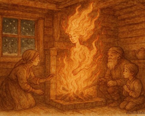An illustration of Eldfru fire demon appearing in Swedish cottage, Dalarna folklore scene.