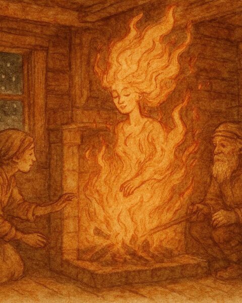 An illustration of Eldfru fire demon appearing in Swedish cottage, Dalarna folklore scene.