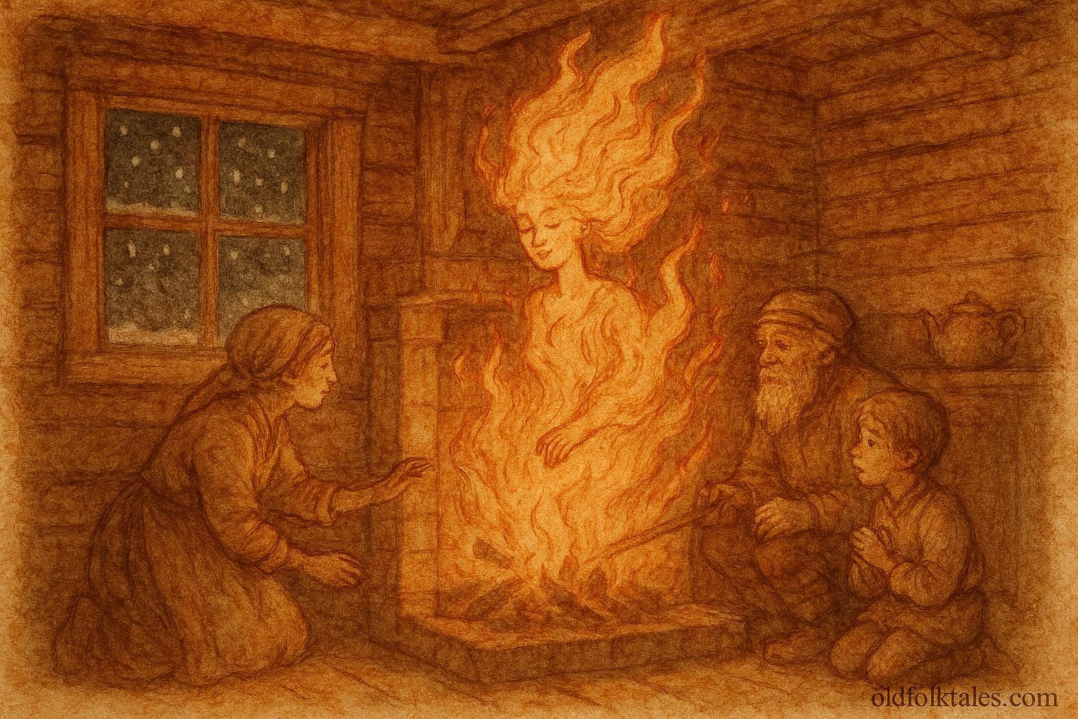 An illustration of Eldfru fire demon appearing in Swedish cottage, Dalarna folklore scene.