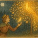 An illustration of Firebird and prince by golden tree, Czech Slavic folktale scene.