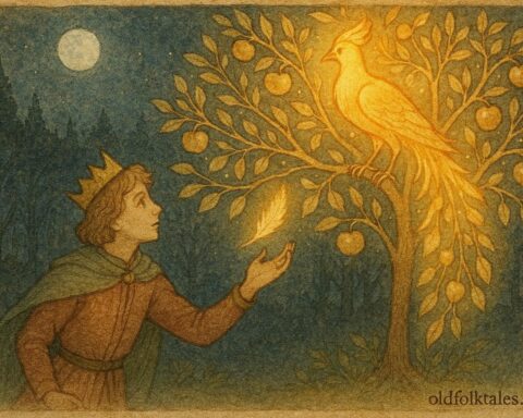 An illustration of Firebird and prince by golden tree, Czech Slavic folktale scene.