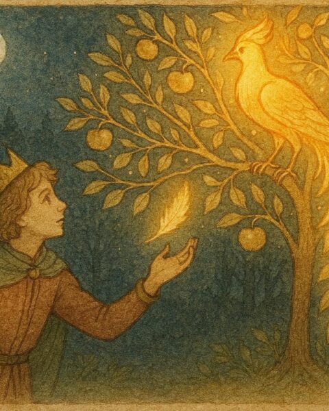 An illustration of Firebird and prince by golden tree, Czech Slavic folktale scene.