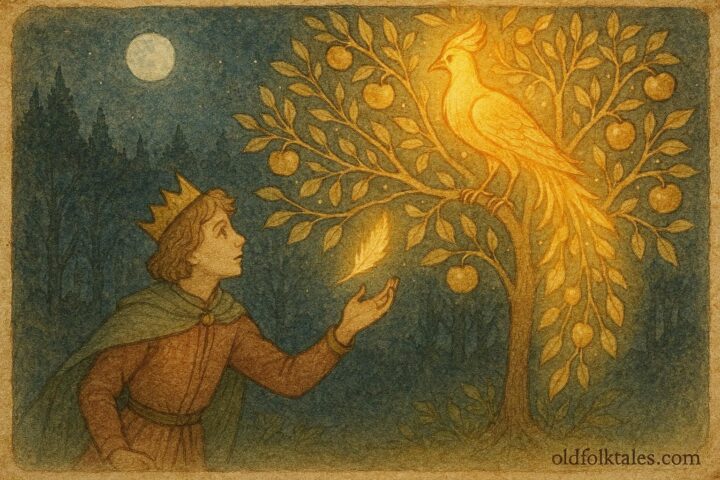 An illustration of Firebird and prince by golden tree, Czech Slavic folktale scene.