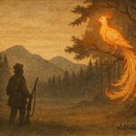 An artwork of hunter and glowing Firebird in forest, Ukrainian folktale scene.