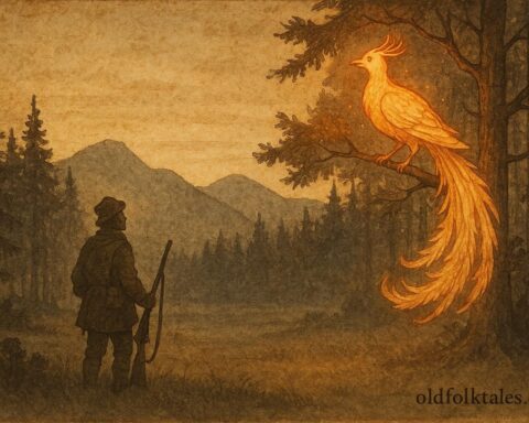 An artwork of hunter and glowing Firebird in forest, Ukrainian folktale scene.