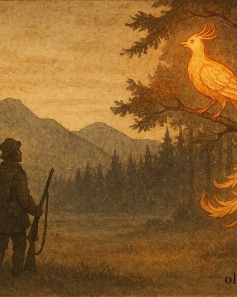 An artwork of hunter and glowing Firebird in forest, Ukrainian folktale scene.