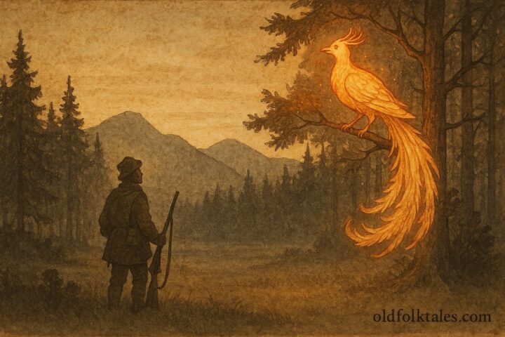 An artwork of hunter and glowing Firebird in forest, Ukrainian folktale scene.