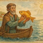 An illustration of fisherman holding golden magical fish, Greek folktale scene.