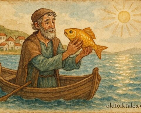 An illustration of fisherman holding golden magical fish, Greek folktale scene.
