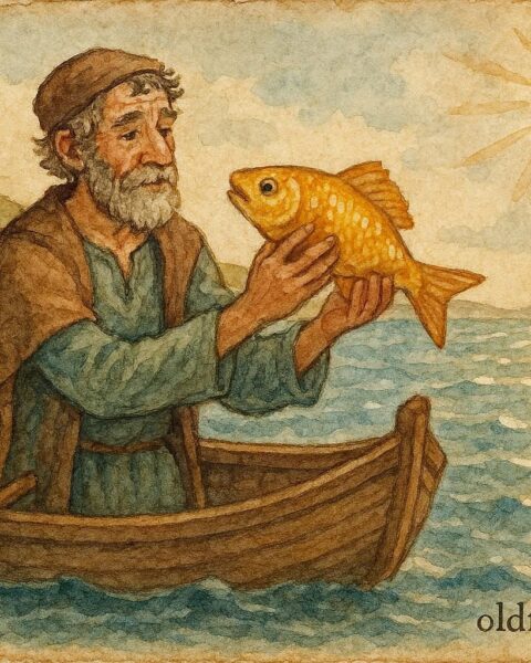 An illustration of fisherman holding golden magical fish, Greek folktale scene.