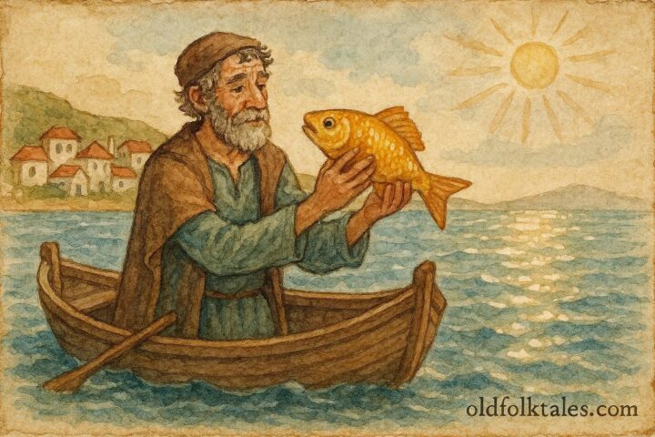 An illustration of fisherman holding golden magical fish, Greek folktale scene.