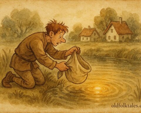 An illustration of a man capturing the sun’s reflection in a pond, French folklore scene.