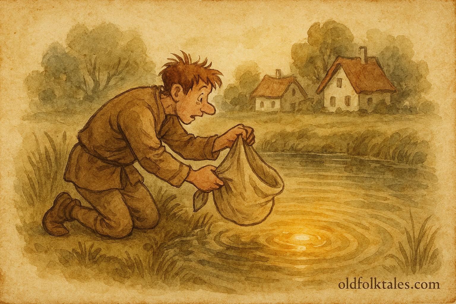 An illustration of a man capturing the sun’s reflection in a pond, French folklore scene.