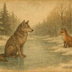 An artwork of fox watching wolf trapped in ice, Finnish folktale scene.