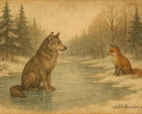 An artwork of fox watching wolf trapped in ice, Finnish folktale scene.