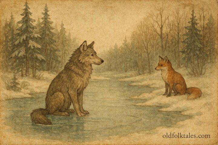 An artwork of fox watching wolf trapped in ice, Finnish folktale scene.