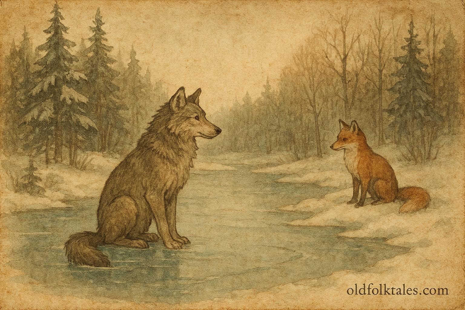An artwork of fox watching wolf trapped in ice, Finnish folktale scene.