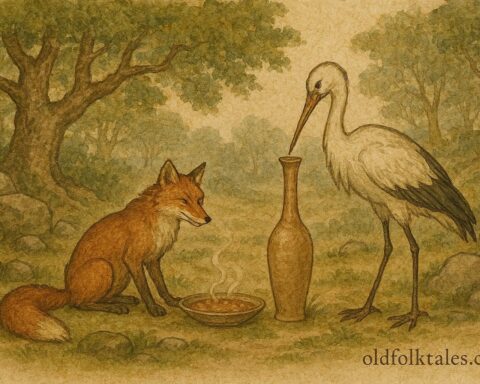 An illustration of a fox and stork at contrasting meals, Croatian forest animal fable.
