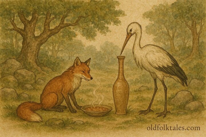 An illustration of a fox and stork at contrasting meals, Croatian forest animal fable.